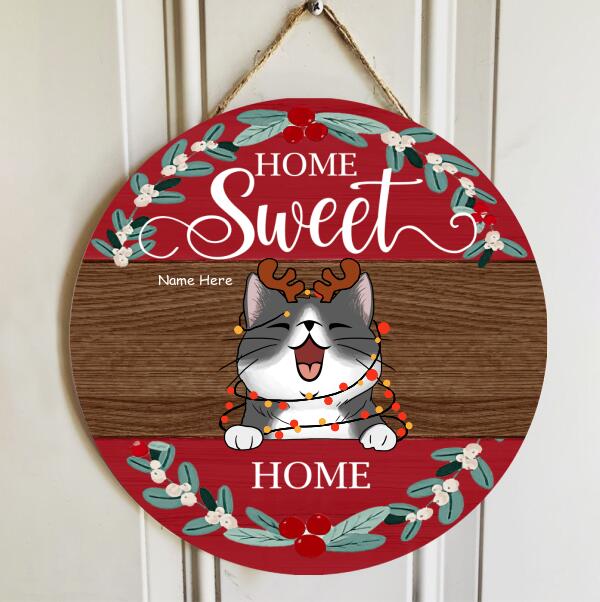 Home Sweet Home - Red Top And Bottom - Personalized Cat Christmas Door Sign