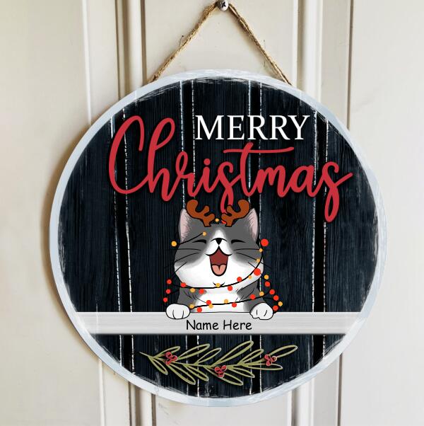 Merry Christmas - Black Wooden - Personalized Cat Christmas Door Sign