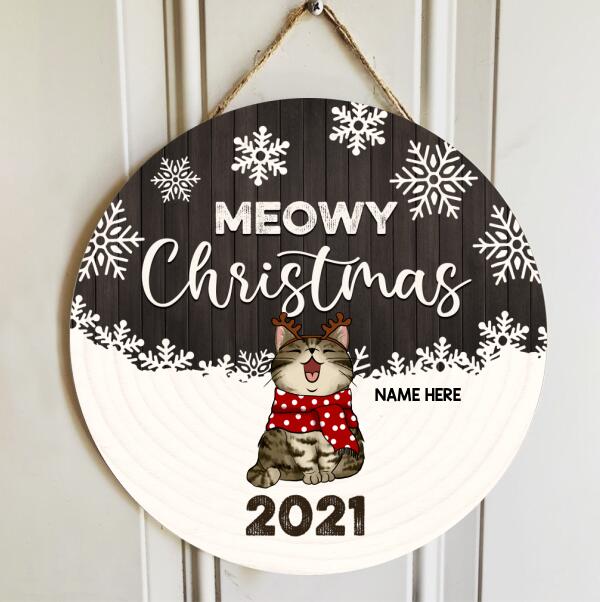 Meowy Christmas - Gray Wooden White Snowflake - Personalized Cat Christmas Door Sign