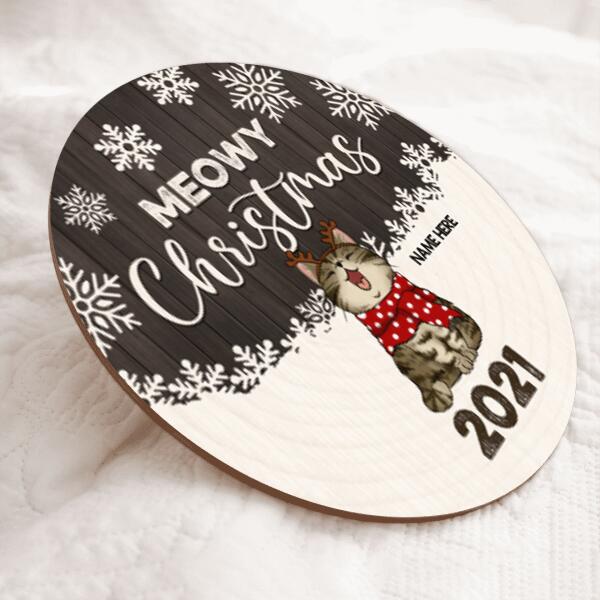 Meowy Christmas - Gray Wooden White Snowflake - Personalized Cat Christmas Door Sign