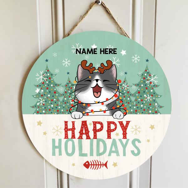 Happy Holiday - Mint Green Pine Trees - Personalized Cat Christmas Door Sign