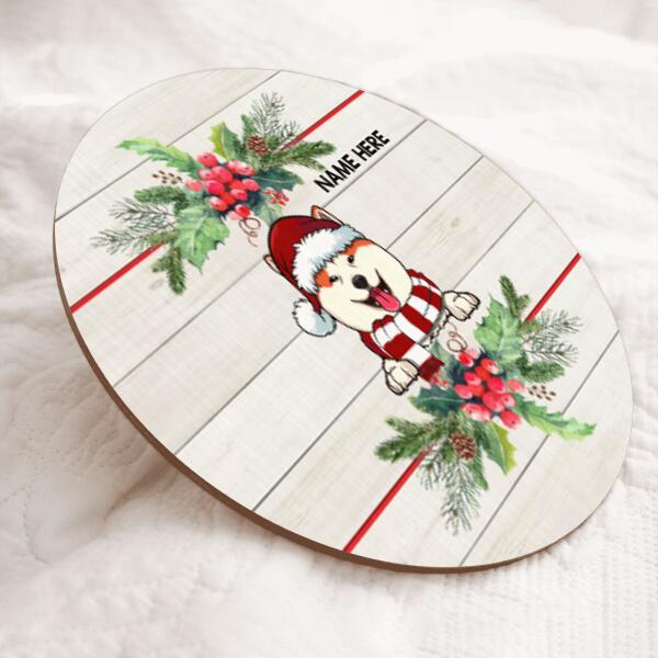 Dogs Wear Santa's Hat And Scarf - Xmas Berries - Light Wooden - Personalized Dog Christmas Door Sign