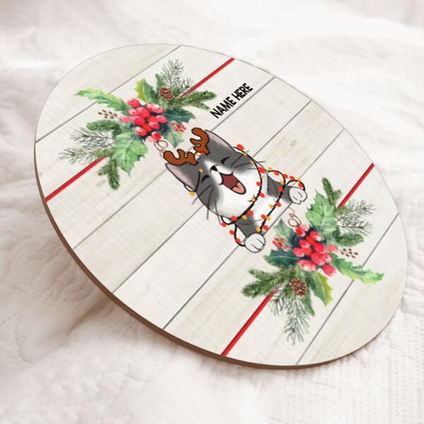 Cats Wear Christmas Costume - Xmas Berries - Light Wooden - Personalized Cat Christmas Door Sign