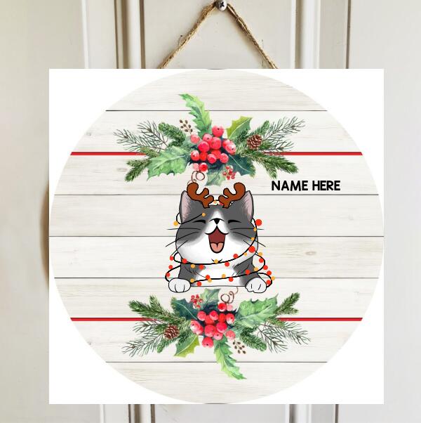Cats Wear Christmas Costume - Xmas Berries - Light Wooden - Personalized Cat Christmas Door Sign