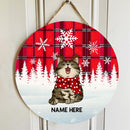 Cat In Snow - Red Plaid White Snowflake - Personalized Cat Christmas Door Sign