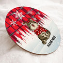 Cat In Snow - Red Plaid White Snowflake - Personalized Cat Christmas Door Sign