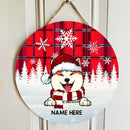 Dog In Snow - Red Plaid White Snowflake - Personalized Dog Christmas Door Sign