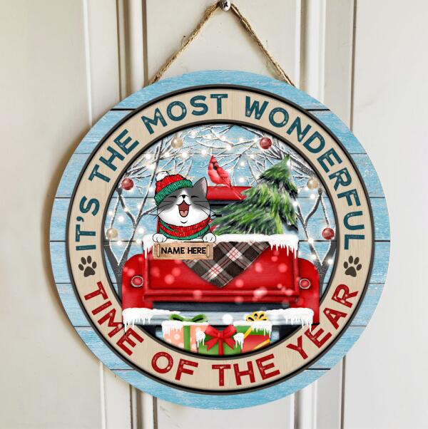 It's Most Wonderful Time Of The Year  - Red Truck - Letters Around - Personalized Cat Christmas Door Sign