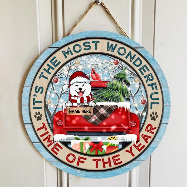 It's Most Wonderful Time Of The Year  - Red Truck - Letters Around - Personalized Dog Christmas Door Sign