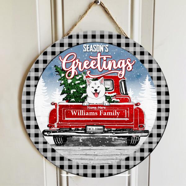 Season's Greetings - Dogs On Red Truck - Personalized Dog Christmas Door Sign