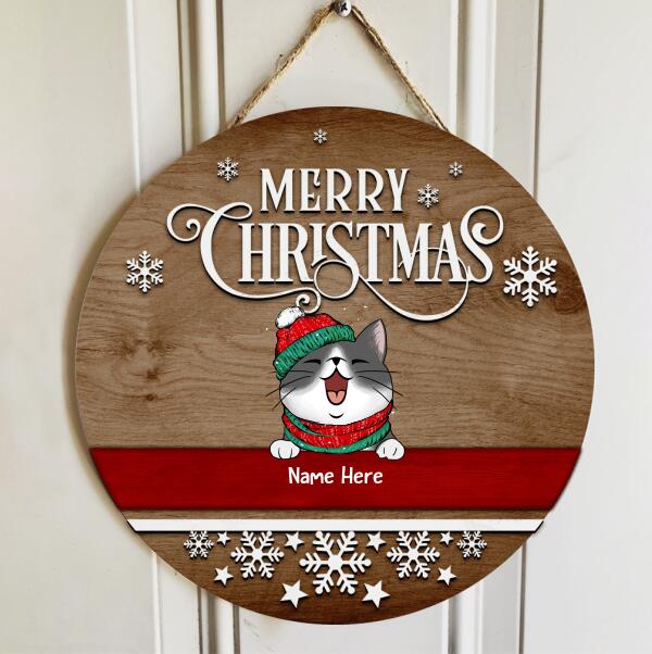 Merry Christmas - Brown Wooden - Personalized Cat Christmas Door Sign