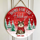 Home For The Holidays - Faded Red Wooden - Personalized Cat Christmas Door Sign