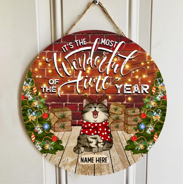 It's The Most Wonderful Time Of The Year - Red Brick Wall - Personalized Cat Christmas Door Sign