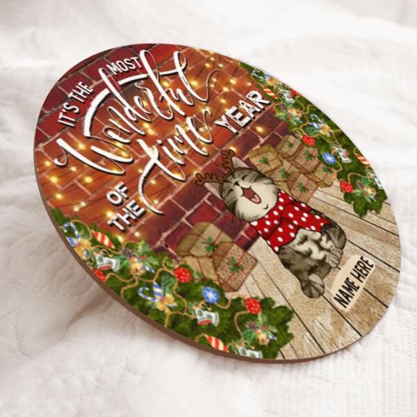 It's The Most Wonderful Time Of The Year - Red Brick Wall - Personalized Cat Christmas Door Sign