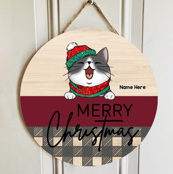 Merry Christmas - Pale, Red & Plaid - Personalized Cat Christmas Door Sign