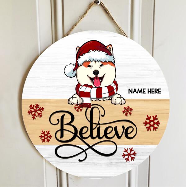 Believe - White Background - Personalized Dog Christmas Door Sign