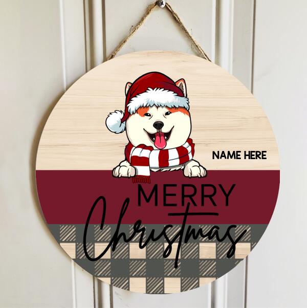 Merry Christmas - Pale, Red & Plaid - Personalized Dog Christmas Door Sign