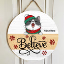 Believe - White Background - Personalized Cat Christmas Door Sign