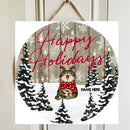 Happy Holidays - Snowy Pine Trees - Personalized Cat Christmas Door Sign