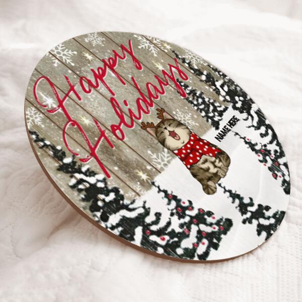 Happy Holidays - Snowy Pine Trees - Personalized Cat Christmas Door Sign