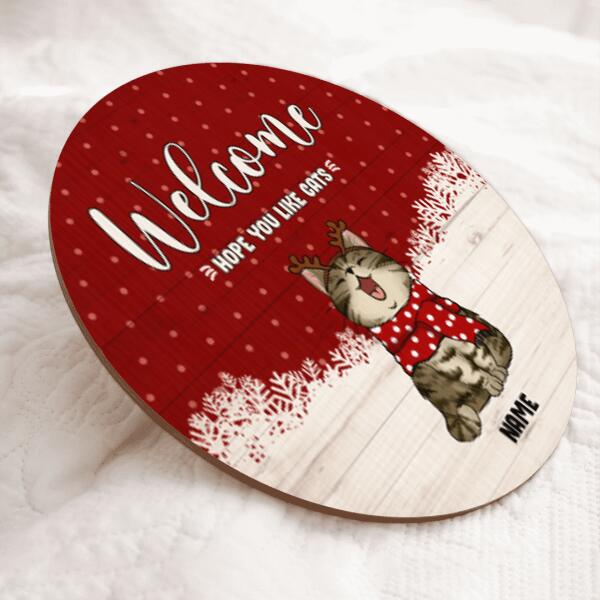 Welcome Hope You Like Cats, Christmas Door Hanger, Personalized Cat Breed Door Sign, Cat Lovers Gifts, Front Door Decor