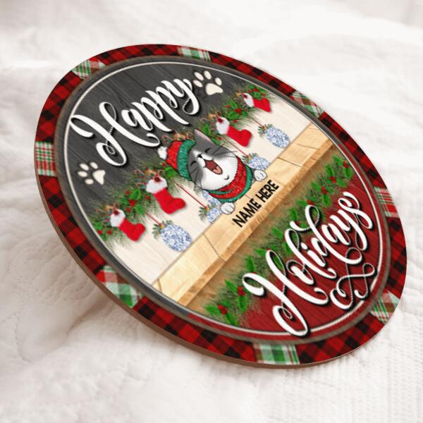 Happy Holiday - Red Plaid Around - Grey And Red Wooden - Personalized Cat Christmas Door Sign