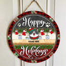 Happy Holiday - Red Plaid Around - Grey And Red Wooden - Personalized Cat Christmas Door Sign
