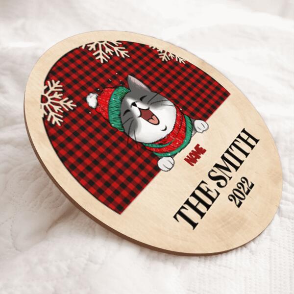 Christmas Cat Door Hanger, Buffalo Plaid Sign, Personalized Cat Breed Door Sign, Xmas Front Door Decor, Cat Lovers Gifts