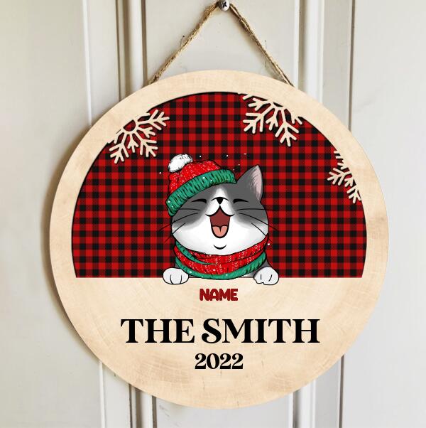 Christmas Cat Door Hanger, Buffalo Plaid Sign, Personalized Cat Breed Door Sign, Xmas Front Door Decor, Cat Lovers Gifts