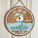 Hello Winter - Mint Costume - Wooden - Personalized Cat Christmas Door Sign