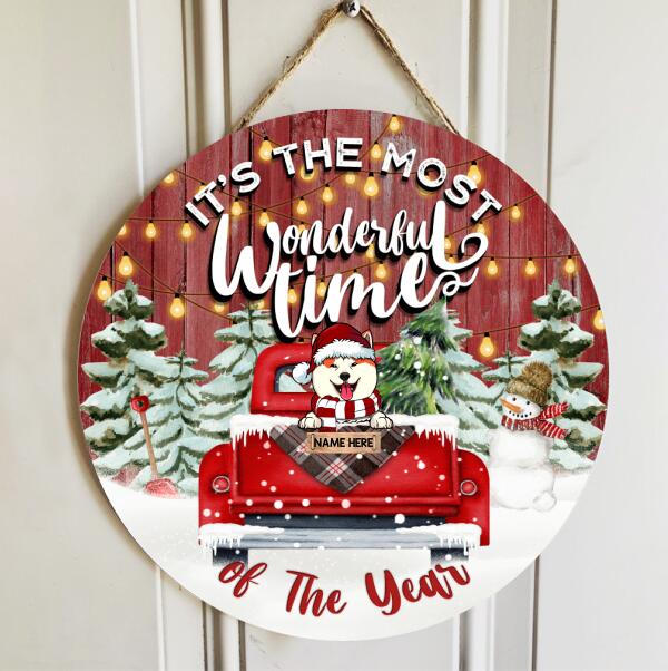 It's The Most Wonderful Time Of The Year - Red Truck - Red Wooden - Personalized Dog Christmas Door Sign