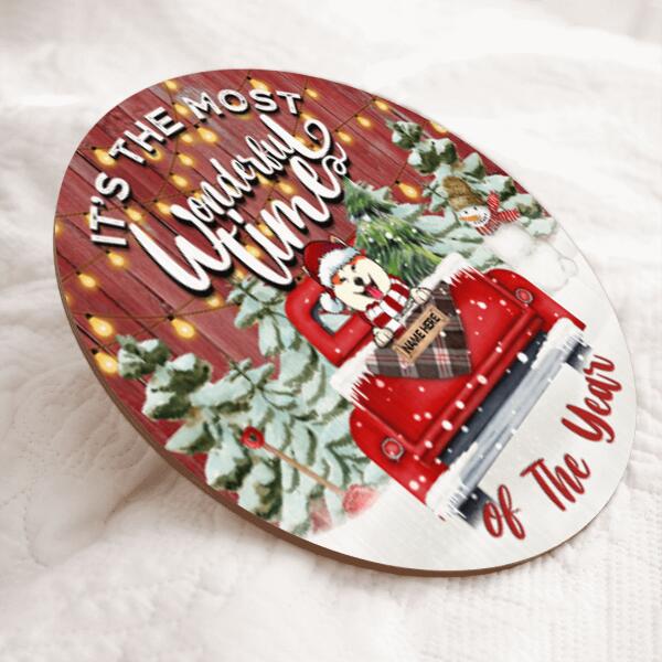 It's The Most Wonderful Time Of The Year - Red Truck - Red Wooden - Personalized Dog Christmas Door Sign