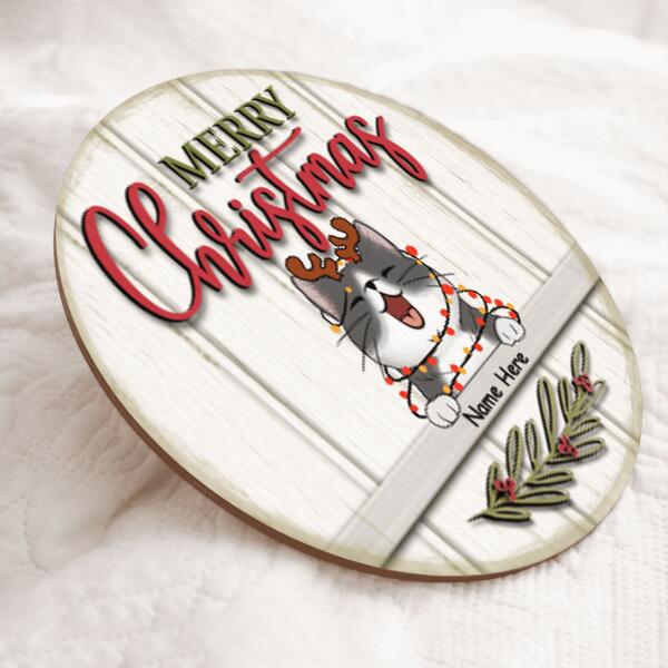 Merry Christmas - White Wooden - Personalized Cat Christmas Door Sign