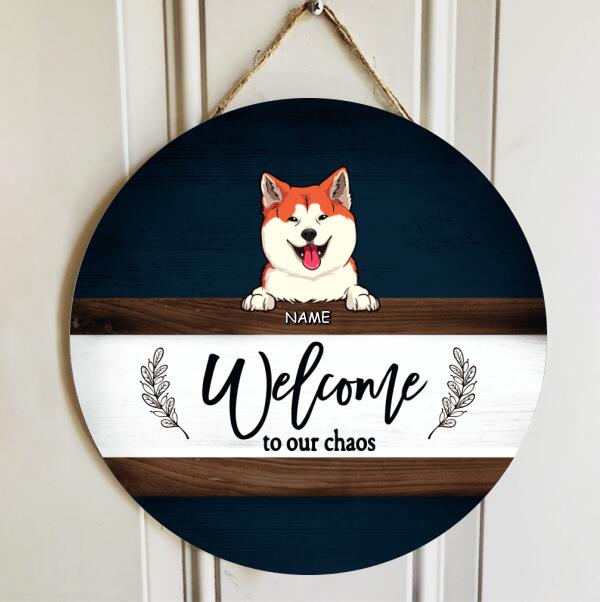 Welcome To Our Chaos, Navy Wooden Door Hanger, Personalized Dog Breeds Door Sign, Dog Lovers Gifts, Front Door Decor