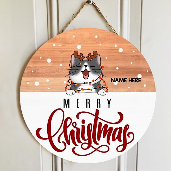 Merry Christmas, Light Brown Wooden And Snow Background, Personalized Cat Lovers Christmas Door Sign