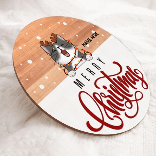 Merry Christmas, Light Brown Wooden And Snow Background, Personalized Cat Lovers Christmas Door Sign