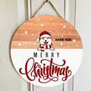 Merry Christmas, Light Brown Wooden And Snow Background, Personalized Dog Lovers Christmas Door Sign