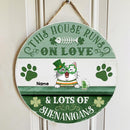 This House Runs On Love & Lots Of Shenanigans, Four-Leaf Clover Door Hanger, Personalized Cat Breeds Door Sign