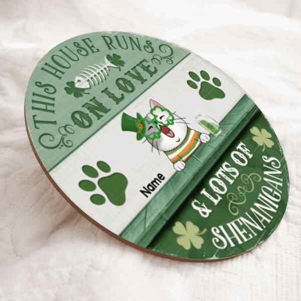 This House Runs On Love & Lots Of Shenanigans, Four-Leaf Clover Door Hanger, Personalized Cat Breeds Door Sign