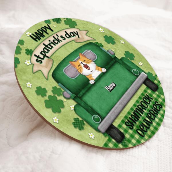 ﻿Happy St. Patrick's Day Shamrock Deliveries, Green Door Hanger, Personalized Cat Breeds Door Sign, Cat Lovers Gifts