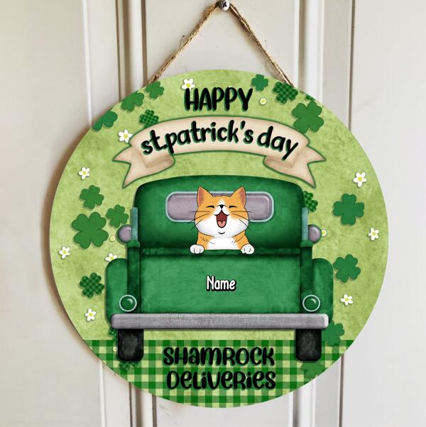 ﻿Happy St. Patrick's Day Shamrock Deliveries, Green Door Hanger, Personalized Cat Breeds Door Sign, Cat Lovers Gifts