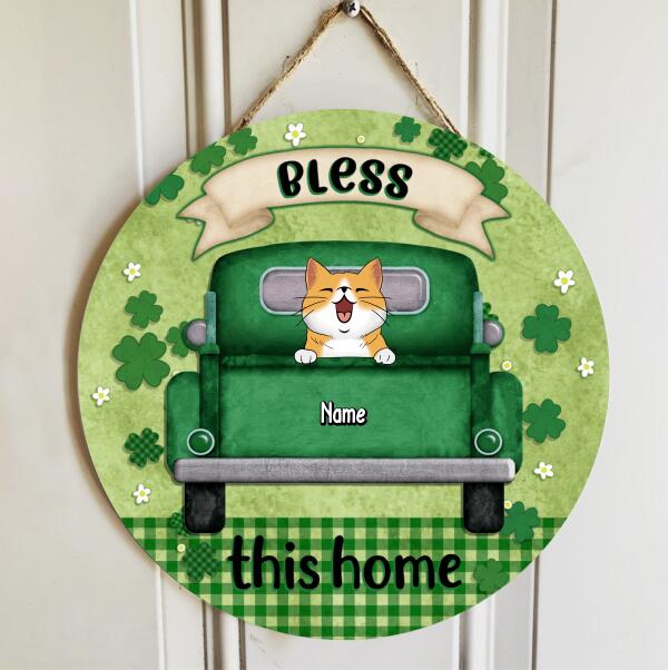 Bless This Home, Four-Leaf Clover Door Hanger, Personalized Cat Breeds Door Sign, Cat Lovers Gifts, Front Door Decor
