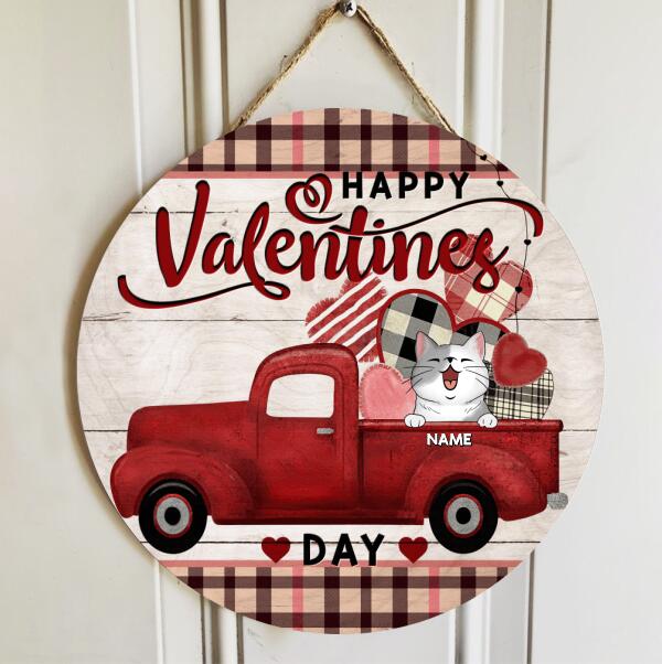 Happy Valentine Day, Plaid Door Hanger, Personalized Cat Breeds Door Sign, Valentine Gifts For Cat Lovers
