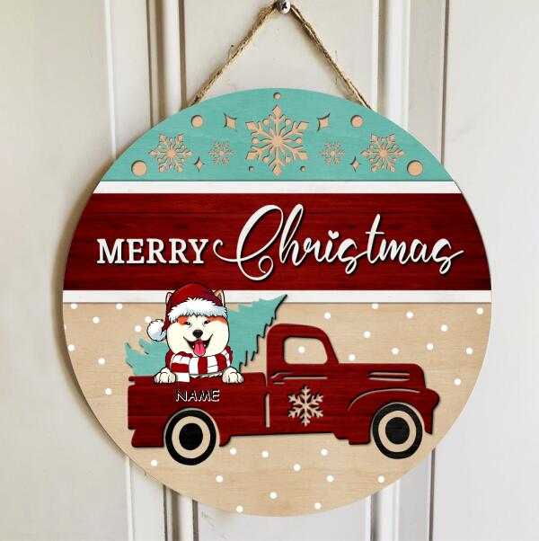 Merry Christmas, Vintage Truck Rustic Door Hanger, Personalized Dog Breed Door Sign
