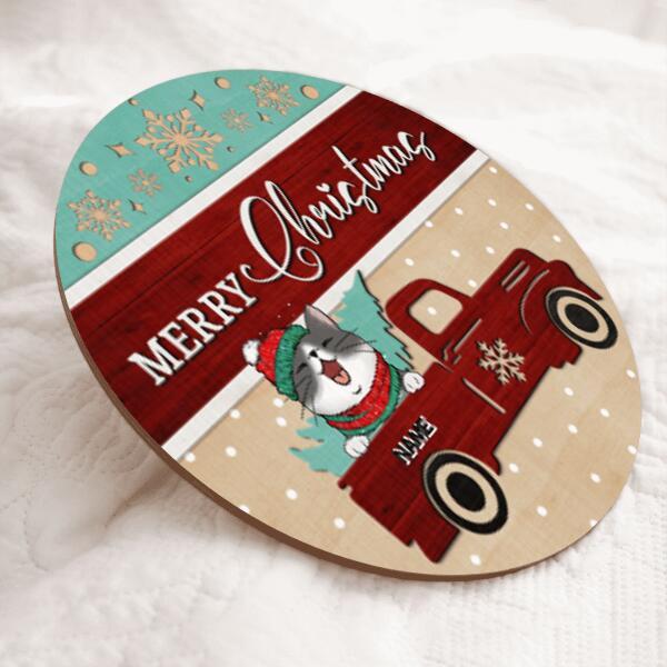 Merry Christmas, Vintage Truck Rustic Door Hanger, Personalized Cat Breed Door Sign