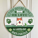 This House Runs On Love & Lots Of Shenanigans, Four-Leaf Clover Door Hanger, Personalized Dog Breeds Door Sign