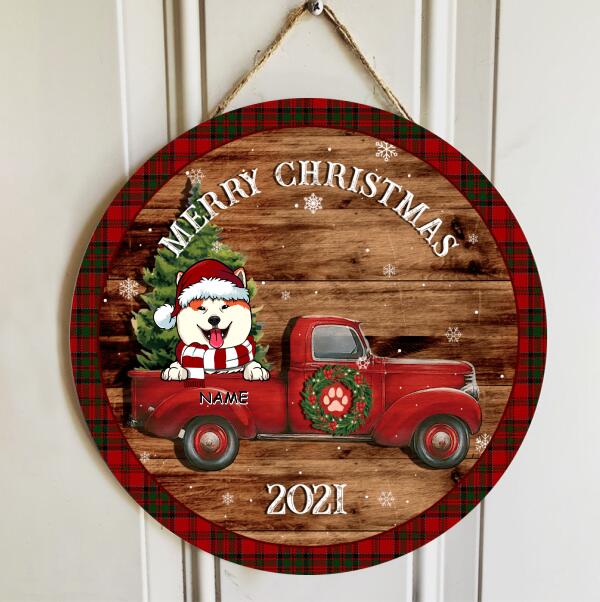 Christmas Dogs On Truck, Vintage Wooden, Personalized Dog Door Sign