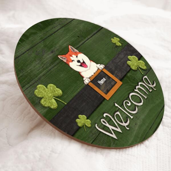 Welcome, Shamrock Door Hanger, Personalized Dog Breeds Door Sign, St. Patrick Day Front Door Decor, Dog Lovers Gifts