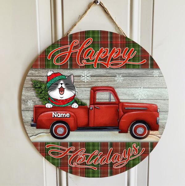 Happy Holiday, Red Truck & Plaid Sign, Personalized Cat Breeds Door Sign, Xmas Gifts For Cat Lovers