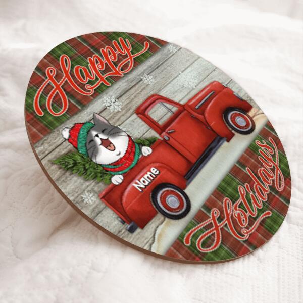 Happy Holiday, Red Truck & Plaid Sign, Personalized Cat Breeds Door Sign, Xmas Gifts For Cat Lovers